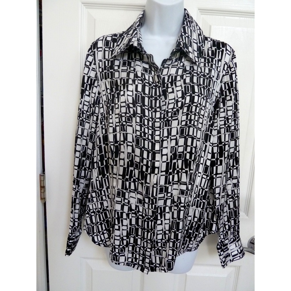 Doncaster Signature Blouse Sz 10 Silk Cotton Black White Geometric Career Office